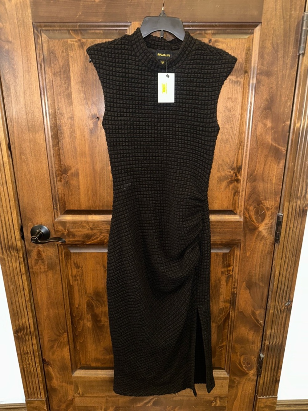 Sugarlips Black Sleeveless Textured Midi Dress with Side Slit